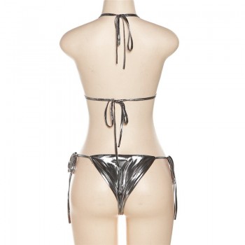 Silver String Metallic Bikini Set For Women 2023 Shiny Thong Swimsuit Sexy Swim Wear Halter Two Peice Beachwear